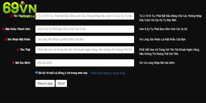 Thao tác đăng ký tài khoản chơi tại 69VN đơn giản với 5 bước